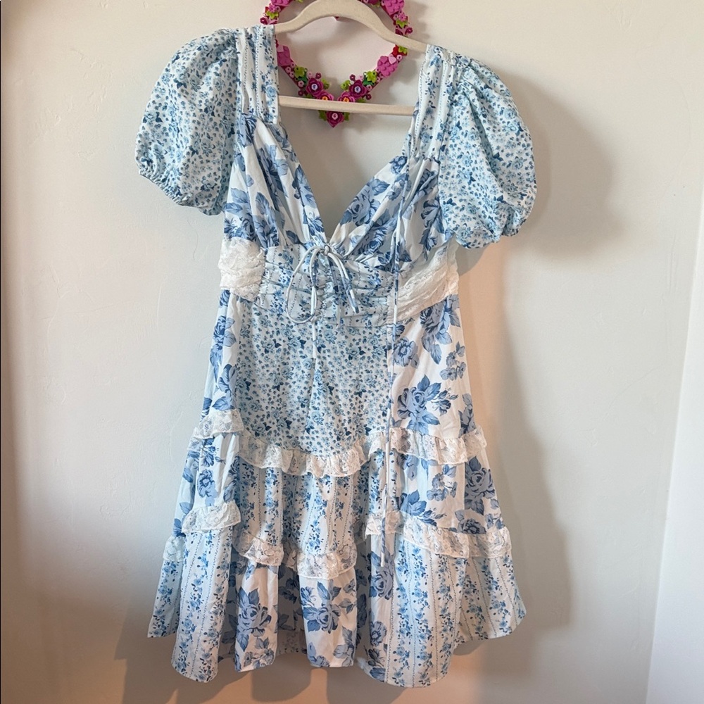 Blue & White Floral Puff Sleeve Cottagecore Dress